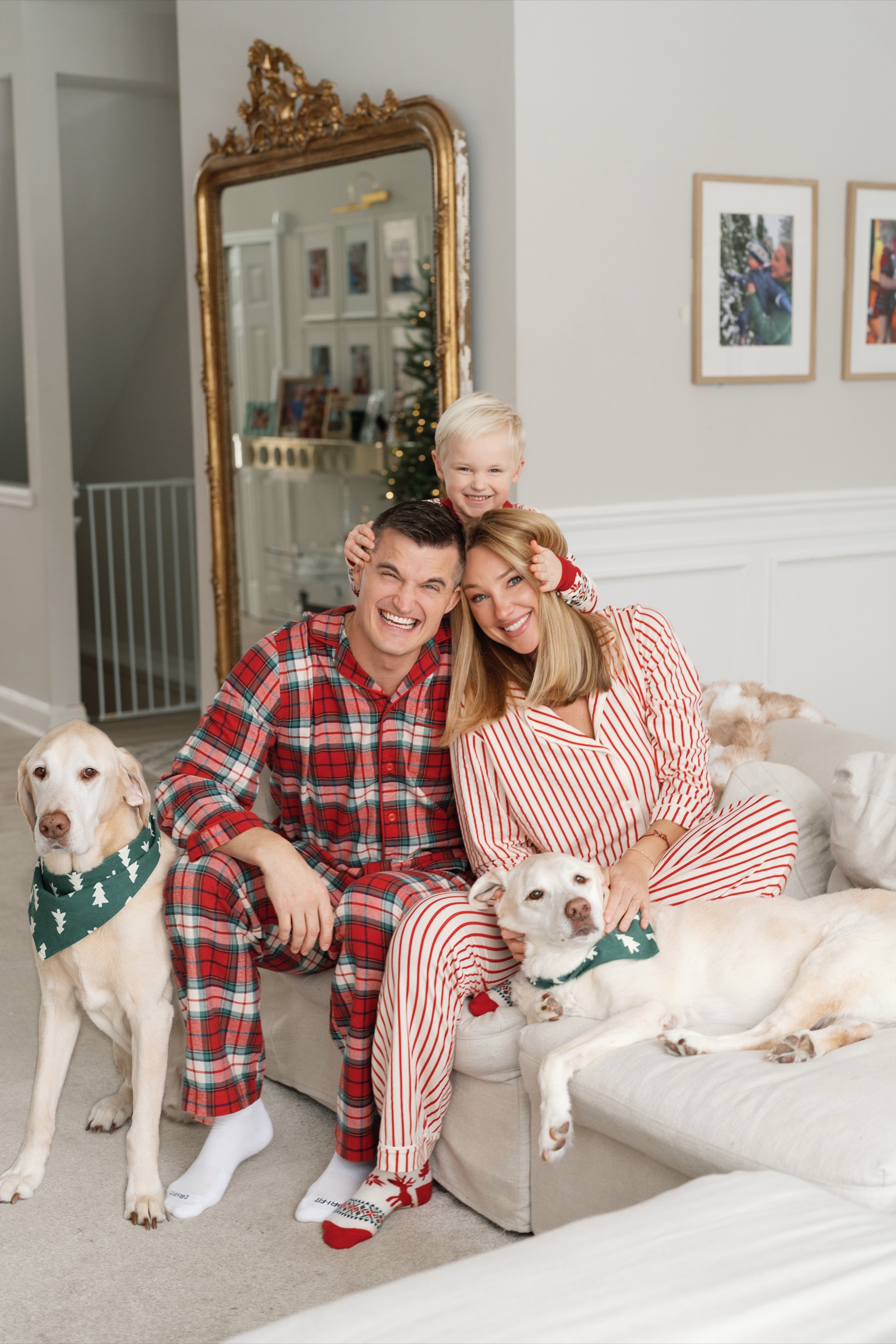 The Misch family in matching Christmas pajamas with their two labradors