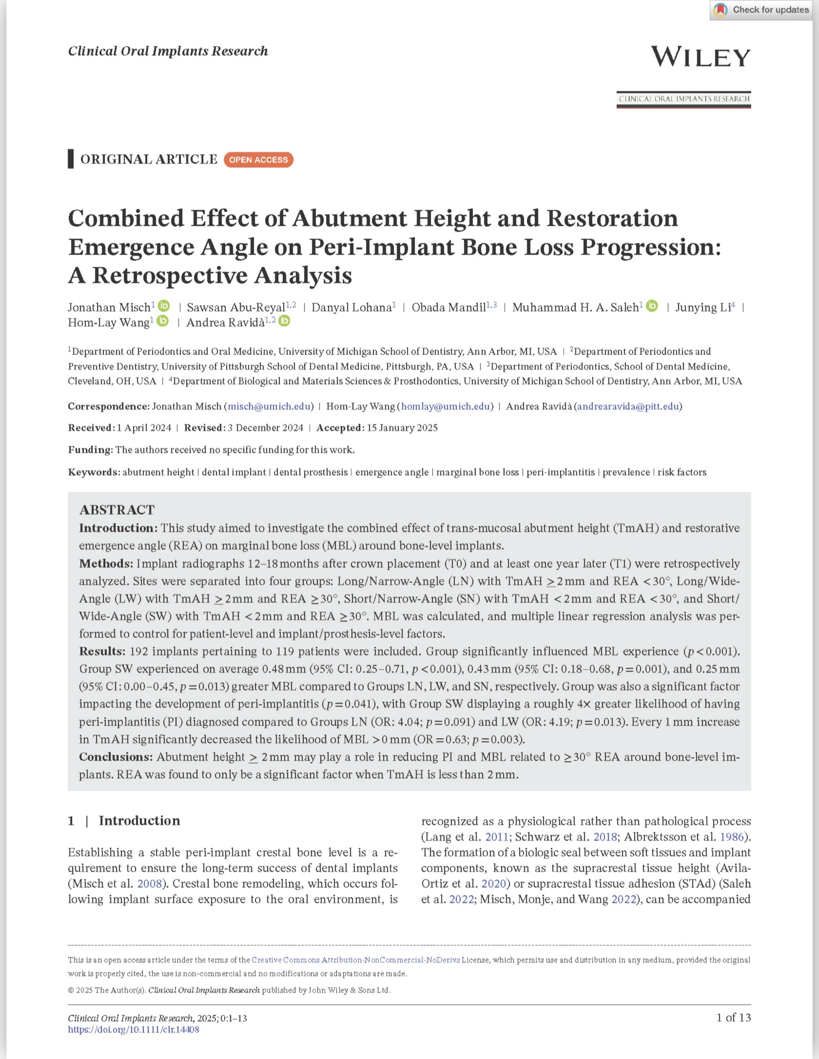 Journal first page — Combined Effect of Abutment Height and Restoration Emergence Angle, Clinical Oral Implants Research 2025
