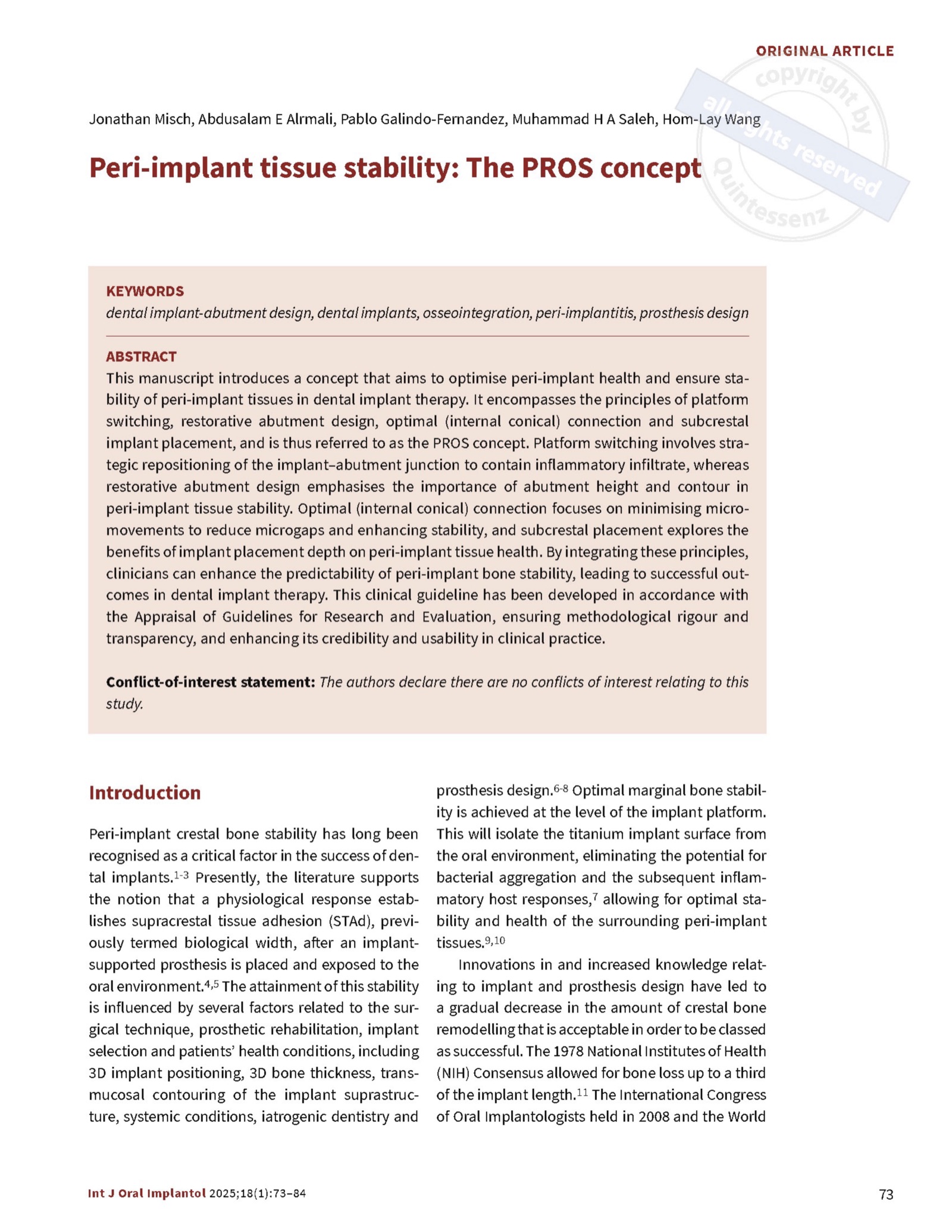 Journal first page — Peri-implant tissue stability: The PROS concept, Int J Oral Implantol 2025